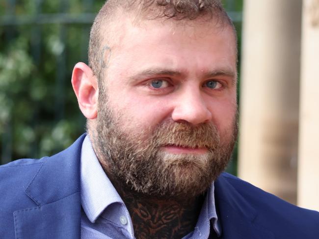 Alleged Finks bikie Nathan Lazarus arrives at Goulburn Local Court on July 18, 2024. Lazarus has pleaded guilty to a charge of hindering police, following an incident at the Wollogorang home of veteran bikie boss Ali Bilal in September 2023. Picture: Blake Foden