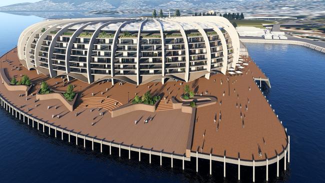 Concept drawings of a Macquarie Point Stadium which includes an outer shell of apartments, proposed by the Stadia Precinct Consortia. Picture: SolutionsWon