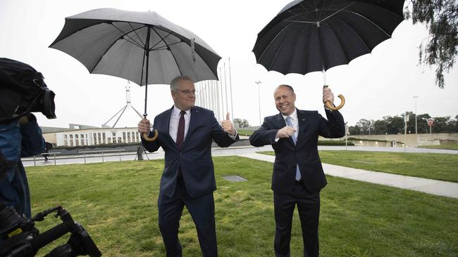 Prime Minister Scott Morrison and Treasurer Josh Frydenberg outside Parliament House the morning after the Budget reveal. Picture: Gary Ramage