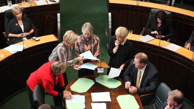 Premier Will Hodgman, lower right, looks towards Speaker Sue Hickey, top left, as votes are tallied for an amendment to laws relating to transgender people. Picture: David Killick