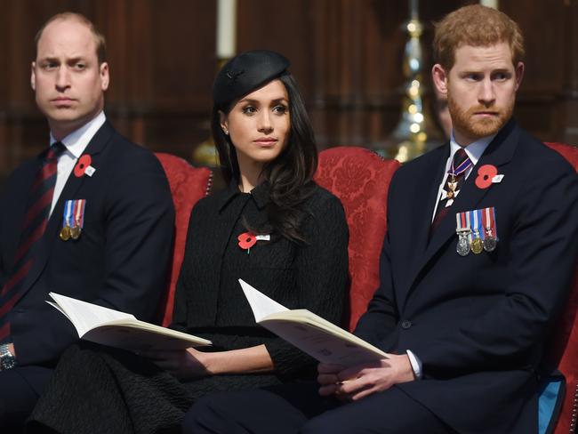 Prince William, Meghan Markle and Prince Harry at an Anzac Day service at Westminster Abbey. Picture: Eddie Mulholland/Pool via AP