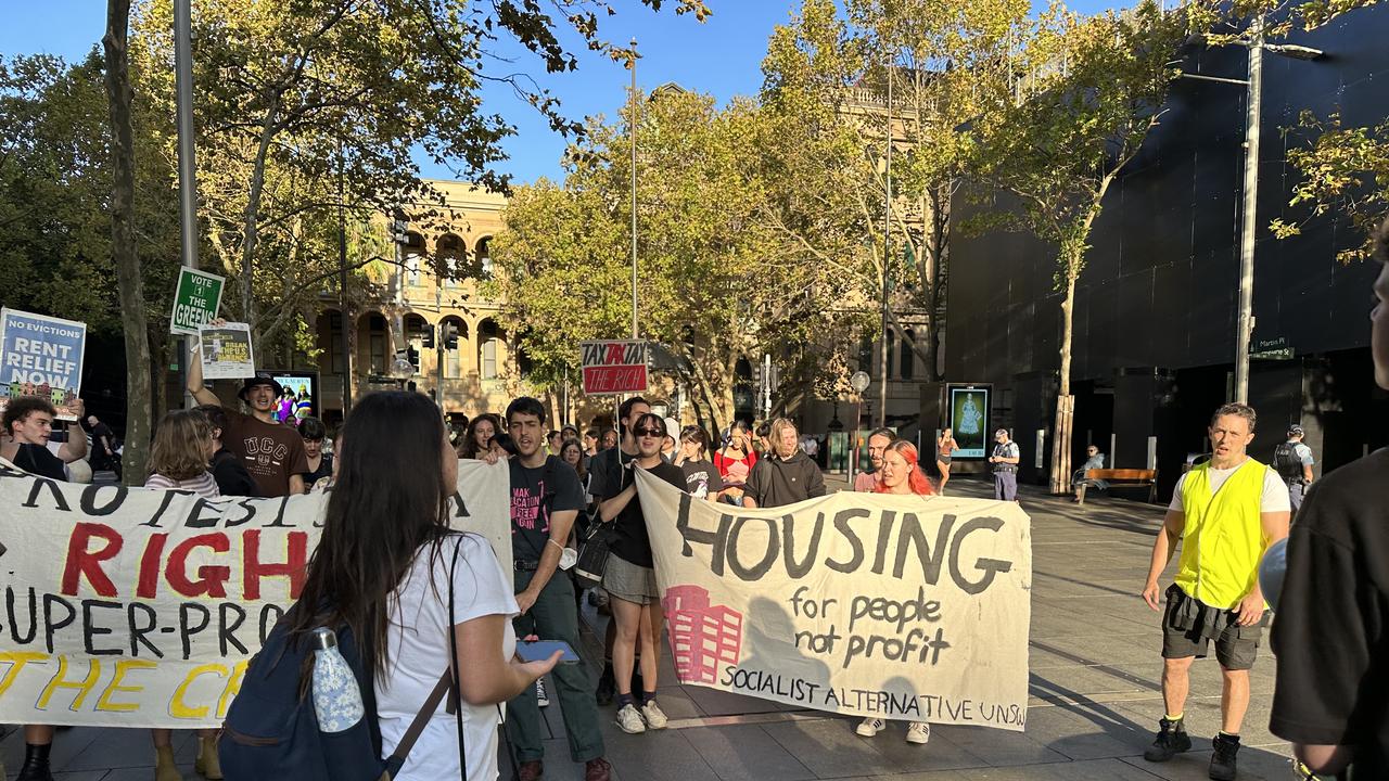 Around 50 students marched through Martin Place calling for action on skyrocketing rental prices. Picture: Eli Green / NCA Newswire