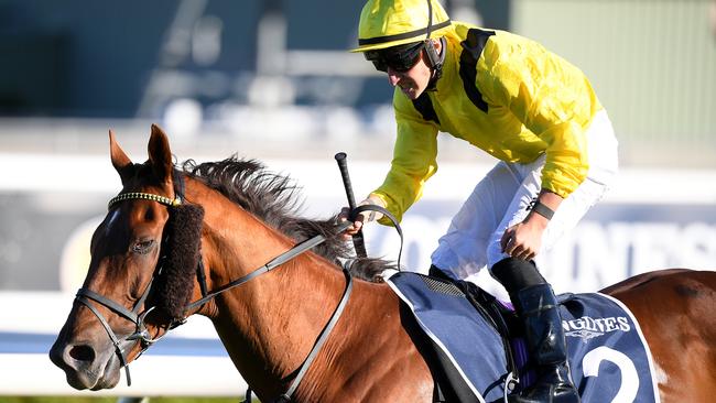 Tom Marquand celebrates after riding Addeybb to victory in the Queen Elizabeth Stakes. Picture: AAP