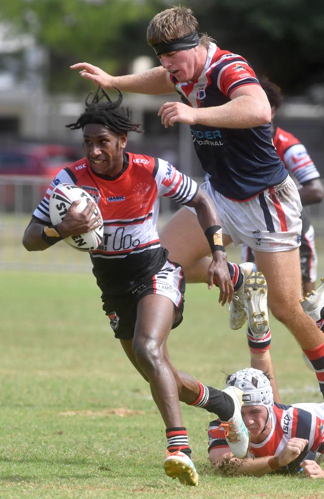 Kirwan State High School hosts St Patrick's College, Mackay, in round 1 of the 2025 Aaron Payne Cup. Manua Dau gets through the defence and runs 60 meters for an individual try. Picture: Evan Morgan