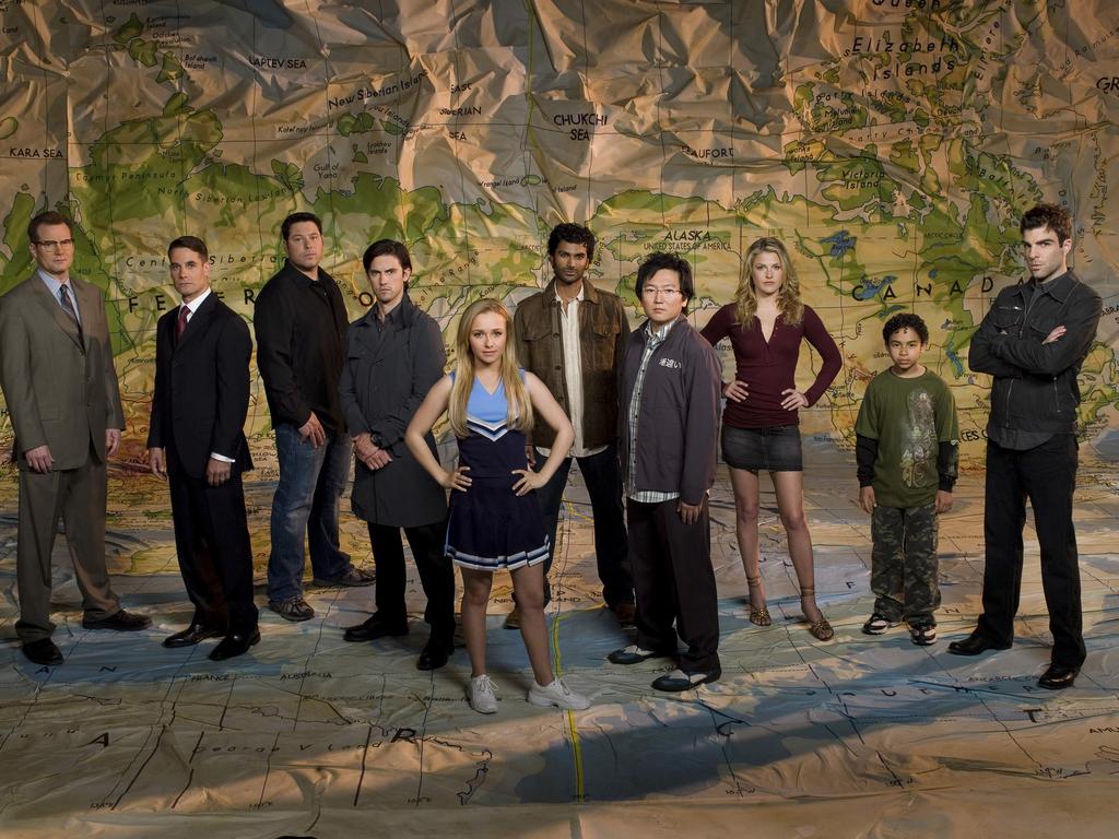 The cast of <i>Heroes</i>, including Quinto (far right).