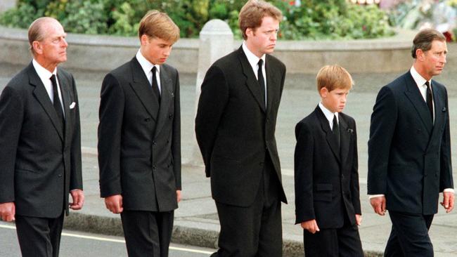 Prince Philip, Prince William, Diana’s brother, Earl Charles Spencer, Prince Harry and Prince Charles during Diana’s funeral service. Credit: AFP Photo