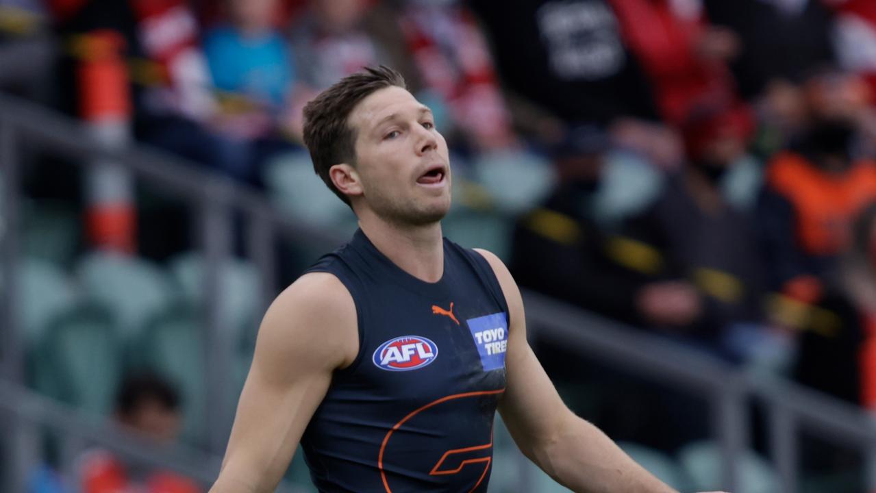 LAUNCESTON, AUSTRALIA - AUGUST 28: Toby Greene of the Giants looks on during the 2021 AFL Second Elimination Final match between the Sydney Swans and the GWS Giants at University of Tasmania Stadium on August 28, 2021 in Launceston, Australia. (Photo by Grant Viney/AFL Photos via Getty Images)