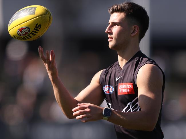 MELBOURNE, AUSTRALIA - SEPTEMBER 03: Nick Daicos of the Magpies is seen during a Collingwood Magpies training and media session at AIA Vitality Centre on September 03, 2023 in Melbourne, Australia. (Photo by Robert Cianflone/Getty Images)