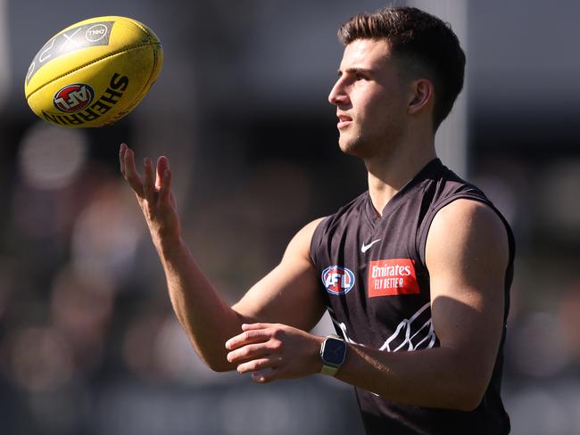 MELBOURNE, AUSTRALIA - SEPTEMBER 03: Nick Daicos of the Magpies is seen during a Collingwood Magpies training and media session at AIA Vitality Centre on September 03, 2023 in Melbourne, Australia. (Photo by Robert Cianflone/Getty Images)