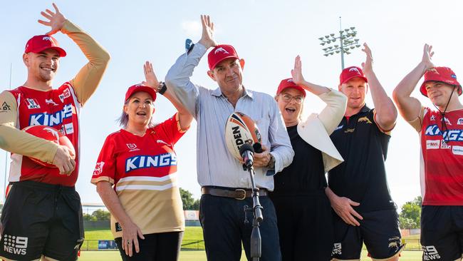 Phins up as players from the Dolphins meet with NT Deputy Chief Minister, Hon Gerard Maley (C, speaking), Minister for Trade, Business and Asian Relations, Hon Robyn Cahill (C-L), and Minister for Major Events, Hon Marie-Clare Boothby (C-R), at Territory Rugby League Stadium for the Dolphins NRL partnership announcement. Picture: NT Major Events Company: Verity Griffin