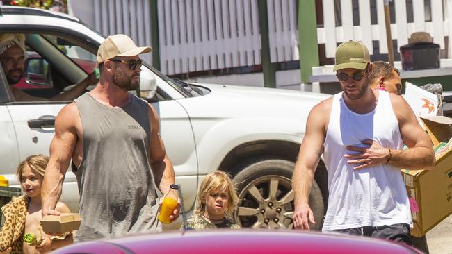 Chris and Liam Hemsworth enjoy family time with Chris’ twin sons Tristan and Sasha in Byron Bay. Picture: MEDIA-MODE.COM