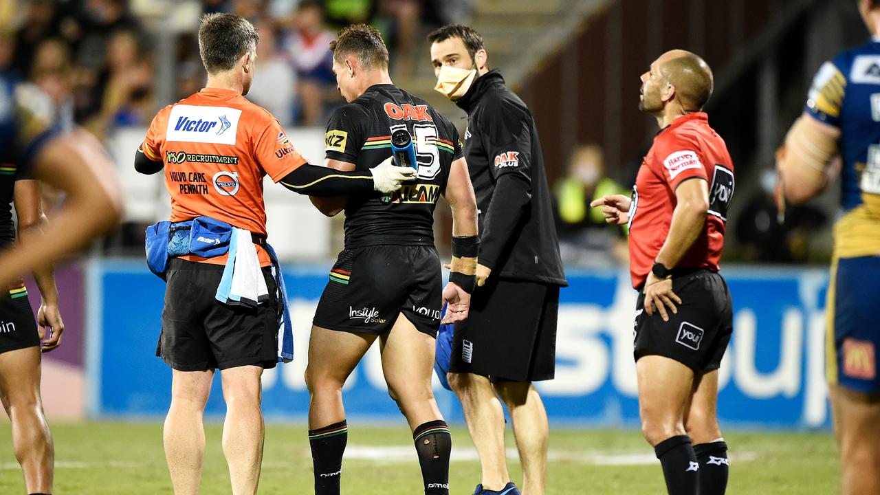 Scott Sorensen leaves the field with a trainer during the semi-final against Parramatta. Picture: Getty