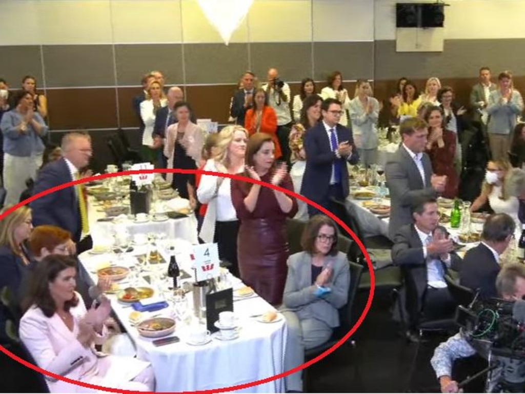 Liberal Senators Anne Ruston (grey suit, front right) and Jane Hume (in pink, left) did not join the standing ovation after Brittany Higgins’ speech at the National Press Club. Minister for Women Marise Payne (second on left) stood only briefly.