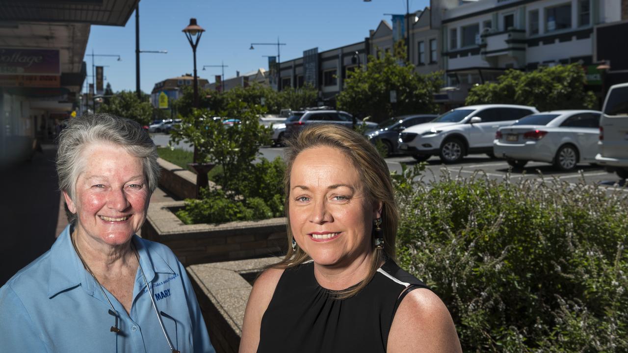 Mary Reid (left) of Merivale Cakes and Crafts with Regional Development Australia Darling Downs and South West director Trudi Bartlett meet in the Toowoomba CBD to discuss the Go Local First campaign.