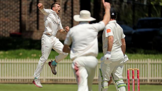 Quincy Titterton of Gordon celebrates a wicket during round 4 of the NSW Premier Grade cricket match between UTS North Sydney Bears and Gordon at Chatswood Oval on October 29, 2022 in Chatswood. (Photo by Jeremy Ng/Newscorp Australia)