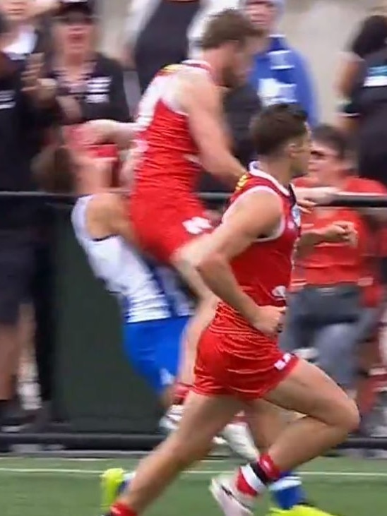 Jimmy Webster collects Jy Simpkin in a brutal hit. Picture: Channel 9