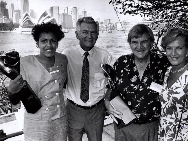 Prime Minister Bob Hawke and then wife Hazel with 1990 Young Australian of the Year Cathy Freeman and Australian of the Year, eye surgeon pioneer Professor Fred Hollows after presentation ceremony at Kirribilli House in Sydney on Australia Day, 1990.