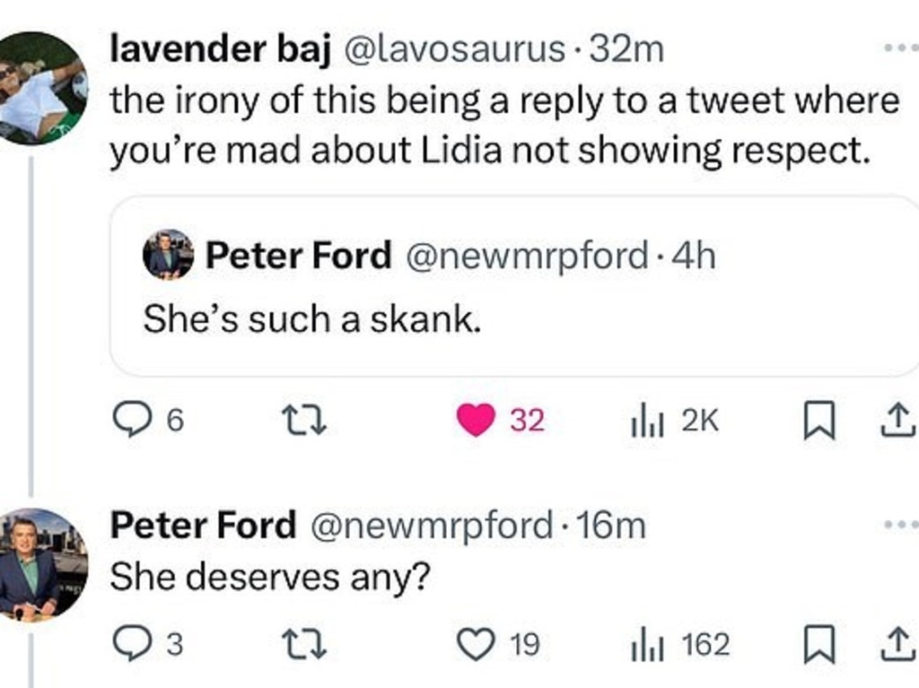 Entertainment reporter Peter Ford has doubled down on his criticism of Lidia Thorpe, after labelling the Indigenous Senator a 'skank' not once, but twice following her interruption at a reception for King Charles and Queen Camilla on Monday. Picture: X