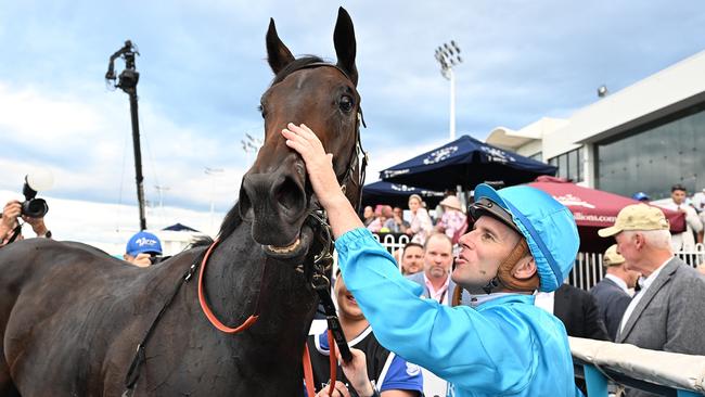 Jockey Tommy Berry celebrates his Magic Millions Classic win aboard O’ Ole. Picture: Grant Peters / Trackside Photography