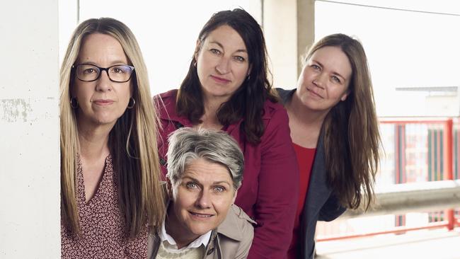 Crime writers from left: Rebecca Heath, Samantha Battams, Michelle Prak, and Lainie Anderson in front. Picture: Matt Loxton