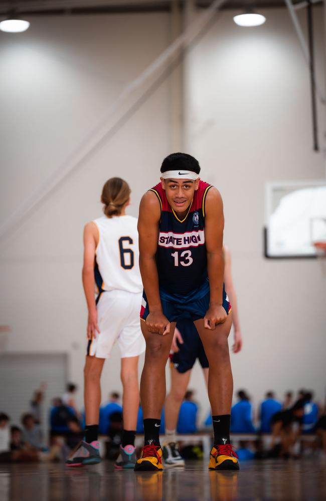 Brisbane State High basketballer Roman Siulepa in action at Australian Basketball Schools Championships. Picture: Nelson Kahler