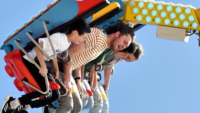 Leader and Herald Sun reporter Kiel Egging on the Freak Out ride at the Royal Melbourne Show. Picture: Nicki Connolly