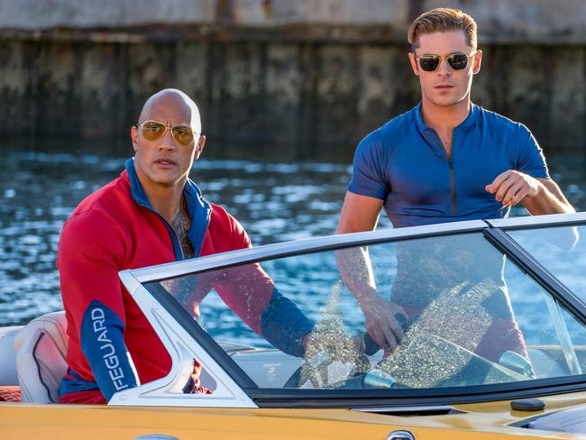 (L-R) Dwayne Johnson as Mitch Buchannon and Zac Efron as Matt Brody in BAYWATCH by Paramount Pictures, Montecito Picture Company, FlynnPicture Co., and Fremantle Productions