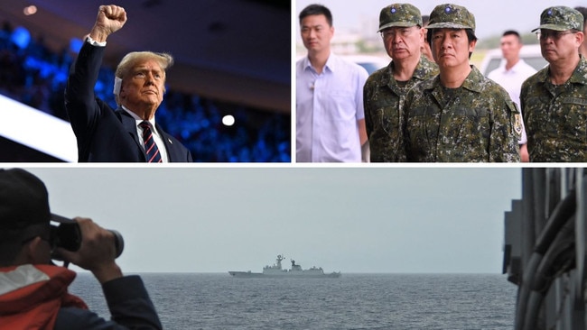 Donald Trump, Taiwan President Lai Ching-te, and a Taiwanese navy sailor monitors a Chinese navy warship in August 2023.