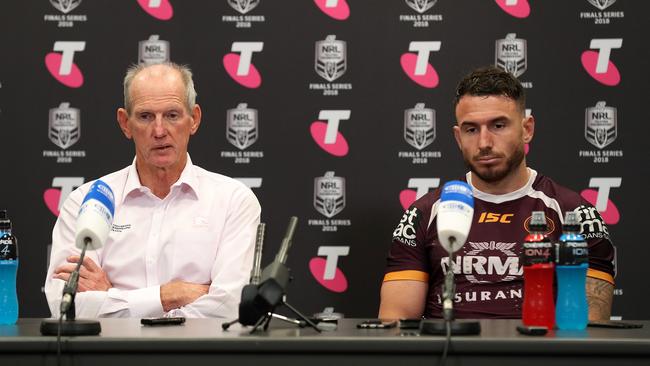 Wayne Bennett and Darius Boyd during a post game presser. Picture: Liam Kidston.