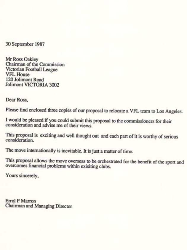 Errol Marron’s letter to VFL chairman Ross Oakley.