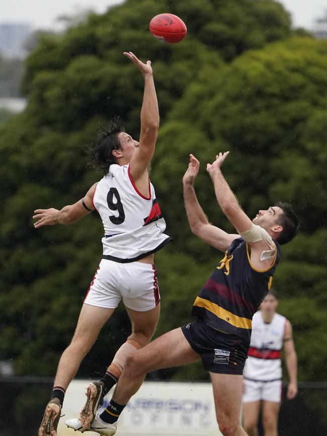 Park Orchards ruckman Ryan Winter jumps over his opponent. Picture: Valeriu Campan