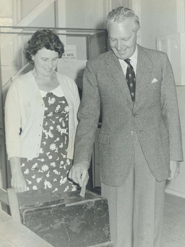 Alick Downer and Mary Downer voting at Bridgewater in 1963.