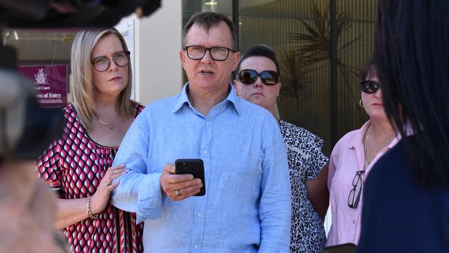 Barbara Francis’s children Melissa Clifton, Andrew Francis, Rebecca Kilpatrick and Natalie Fielder speak to the media outside an inquest into her death in Darwin in November. Picture: Jason Walls