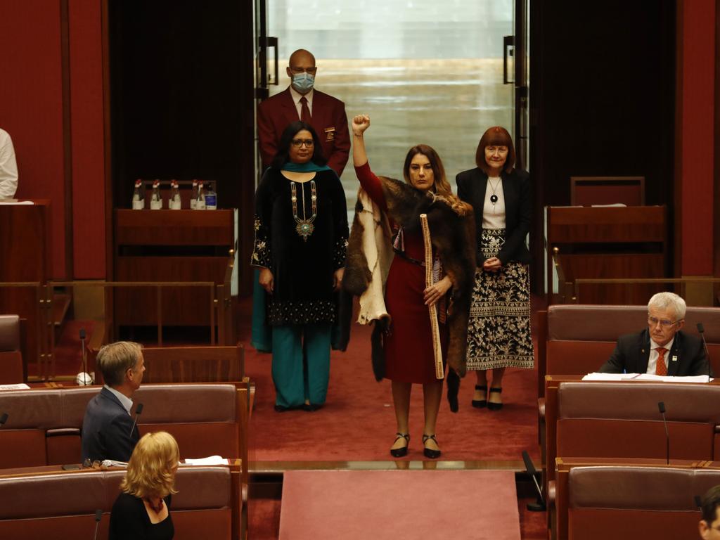 Lidia Thorpe shows the black power fist before being sworn in to Parliament. Picture: Sean Davey.