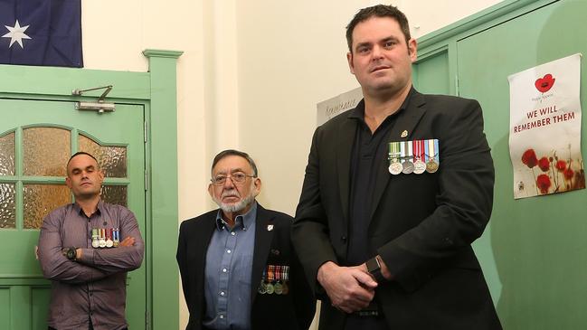 Ricky Bastow, John Torpey and Lucas Moon at Hawthorn RSL sub-branch. Picture: Hamish Blair