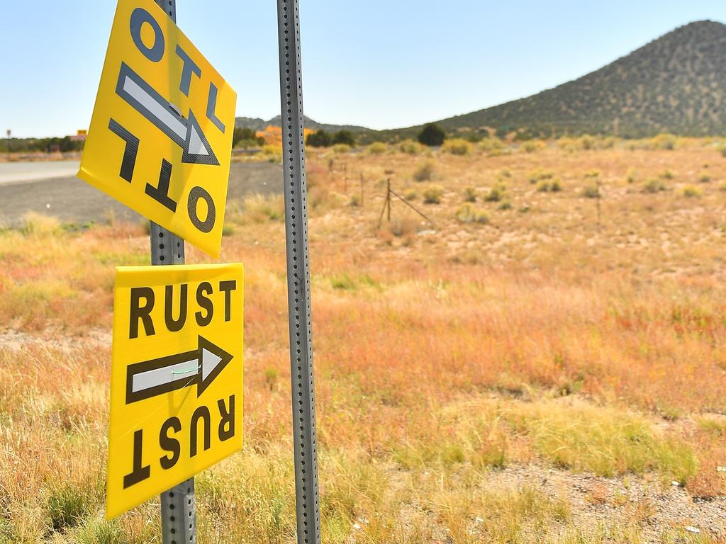 A sign directs people to the road that leads to the Bonanza Creek Ranch where the movie "Rust" is being filmed. Picture: Getty Images