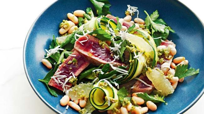 Seared tuna, zucchini and lemon salad with green olive smash.