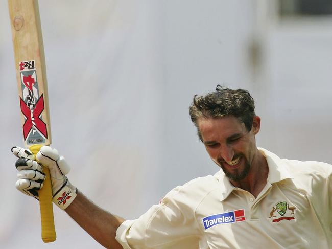 CHITTAGONG, BANGLADESH - APRIL 19: Jason Gillespie of Australia celebrates his double century during day four of the Second Test between Bangladesh and Australia played at the Chittagong Divisional Stadium on April 19, 2006 in Chittagong, Bangladesh. (Photo by Hamish Blair/Getty Images)