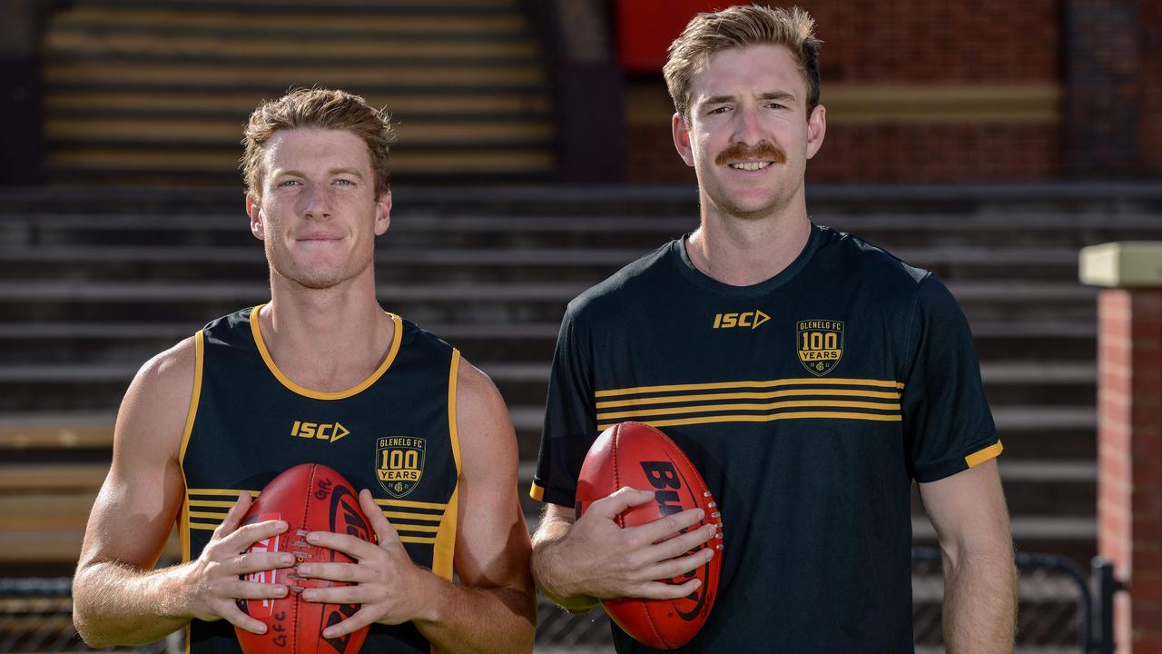 Glenelg recruits Lachie Hosie and Sam Durdin will look to build on the Tigers’ strong start to the season in their encounter with the Eagles. Picture: Brenton Edwards