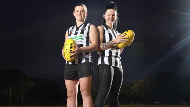 Crows AFLW player Chloe Scheer with her Abbey at PNU training earlier this month. Chloe booted five goals for the Falcons in their win against Angle Vale in the final minor round on Saturday. Picture: Dean Martin