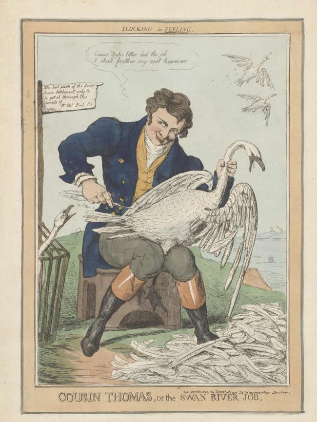 The 1829 cartoon attacking the land granted to Thomas Peel, cousin of the British home secretary of the time. Picture: National Library of Australia