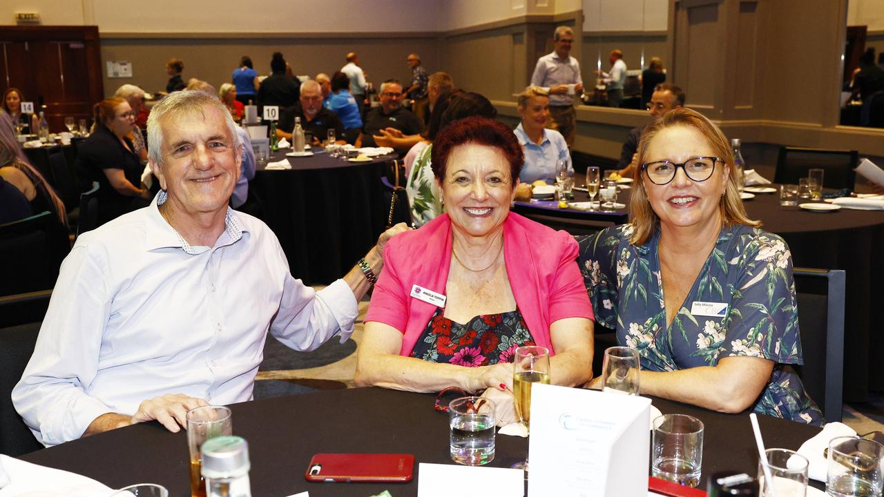 Geoff Heath, Angela Toppin and Sally Mlikota at the Cairns Chamber of Commerce February business lunch - Tourism Industry Update &amp; Outlook, held at the Pullman International hotel. Picture: Brendan Radke