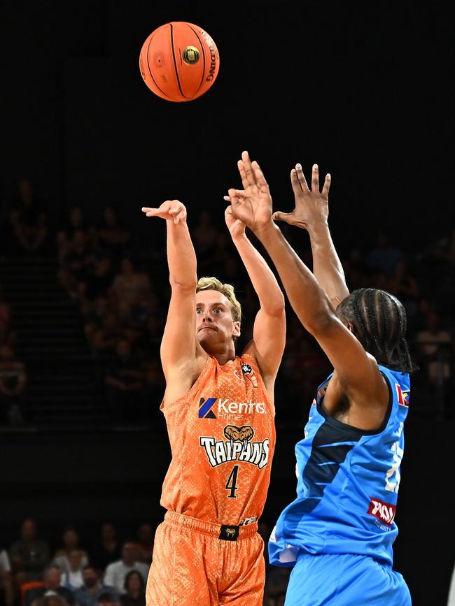 Kyle Adnam of the Taipans shoots the ball during the round 14 NBL match between Cairns Taipans and Melbourne United at Cairns Convention Centre, on December 26, 2024, in Cairns, Australia. (Photo by Emily Barker/Getty Images)