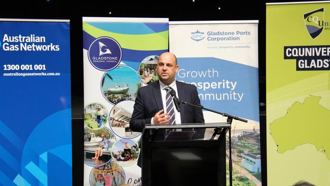 Australian Gas Infrastructure Group Executive General Manager People and Strategy Craig de Laine addresses the launch of the Gladstone Hydrogen Ecosystem project. Picture: Rodney Stevens