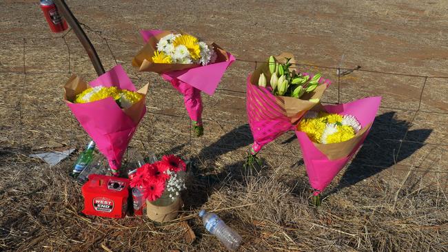 Tributes at the crash scene at Barossa Valley Way, Sandy Creek. Picture: Jason Katsaras