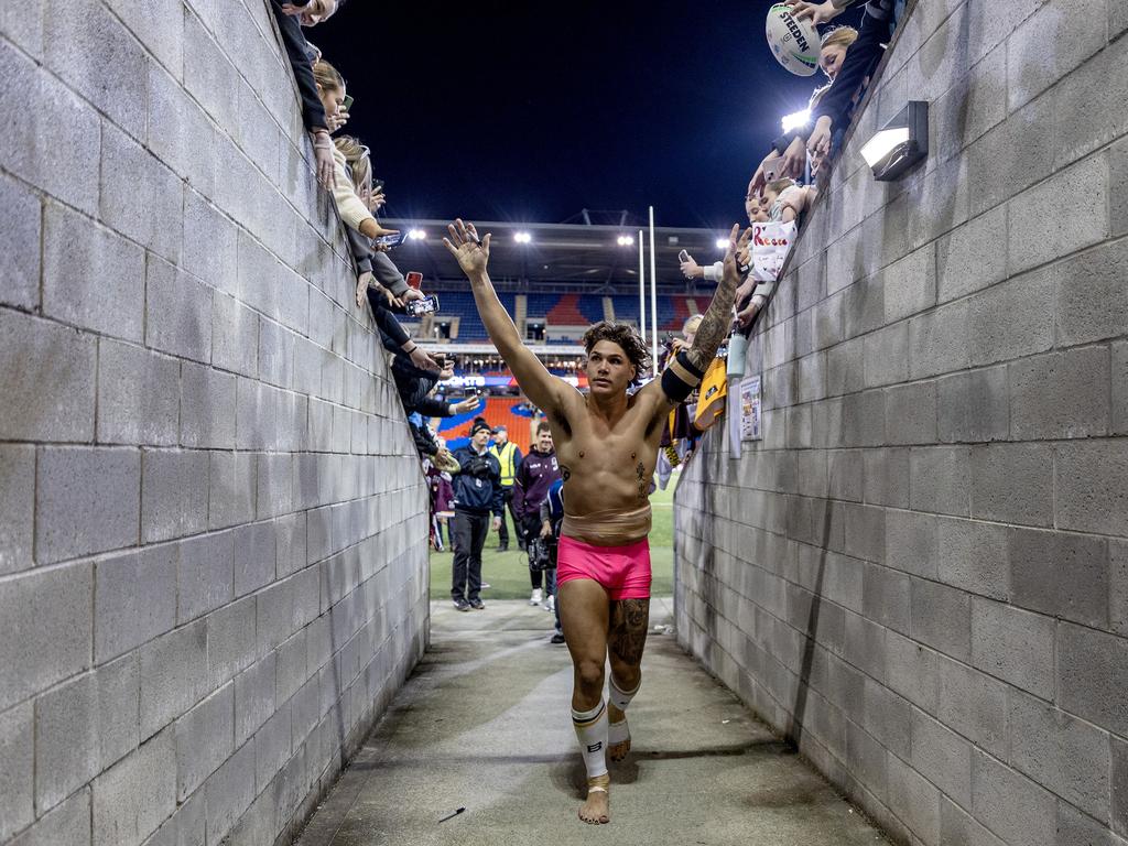 Reece Walsh thanks fans after the game on Saturday. Picture: NRL Photos