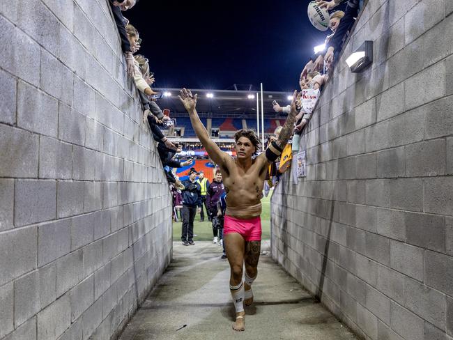 Reece Walsh thanks fans after the game on Saturday. Picture: NRL Photos