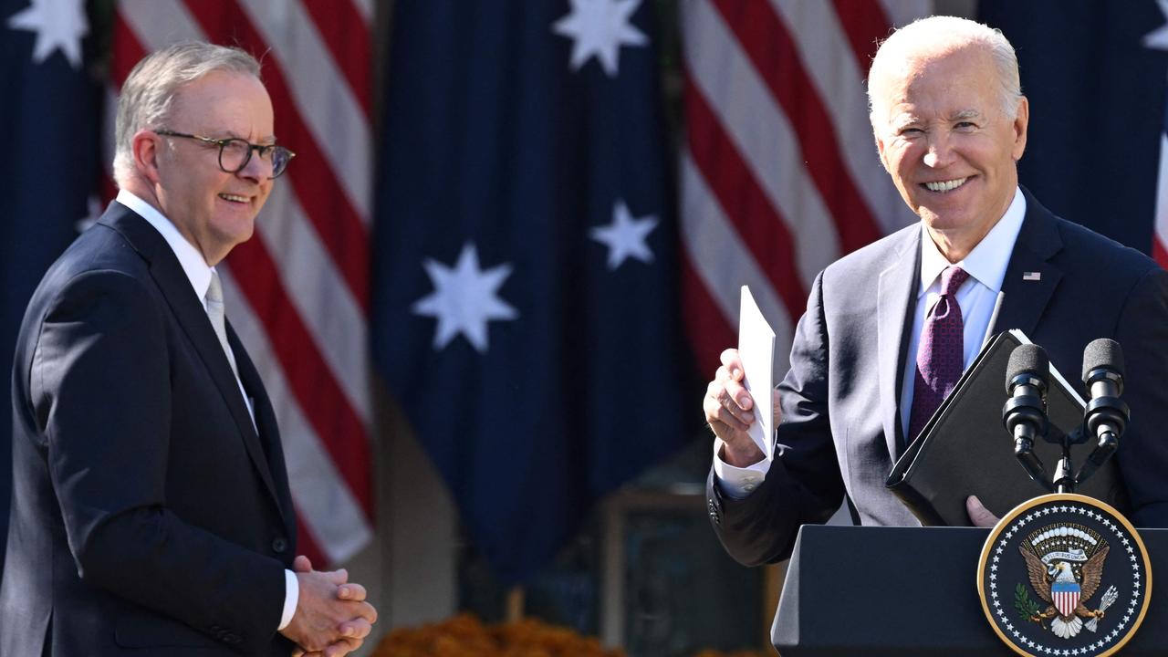 US President Joe Biden and Australia's Prime Minister Anthony Albanese leave a joint press conference at the Rose Garden of the White House in Washington, DC on October 25, 2023. (Photo by SAUL LOEB / AFP)