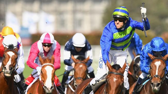 Nicholas Hall celebrates as Jameka wins the Caulfield Cup. Picture: Getty Images