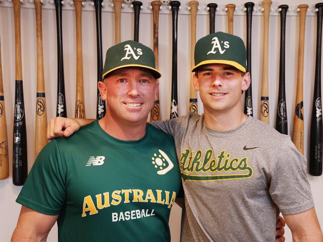 Gold Coast 17yo Max Durrington has signed with the Oakland Athletics in the Major Leagues in the USA. Max Durrington with his father Trent Durrington who also played in the Major Leagues. Picture Glenn Hampson.